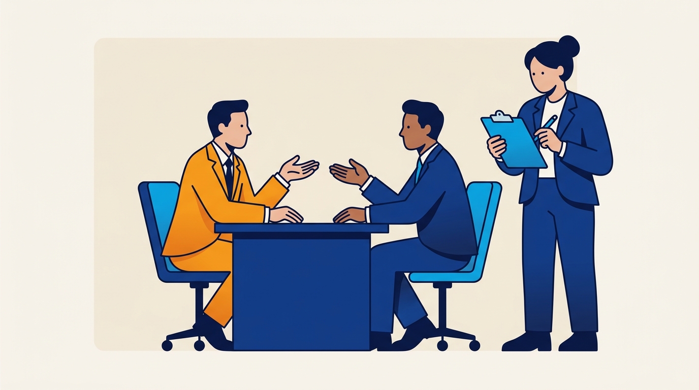 Stylised illustration of a B2B customer feedback session — consultants gathering customer insight through face-to-face conversation