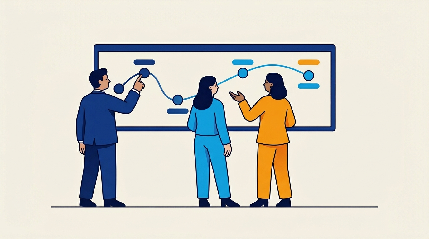 Stylised illustration of a B2B team collaboratively mapping a customer journey — figures around a map showing connected touchpoint nodes flowing left to right