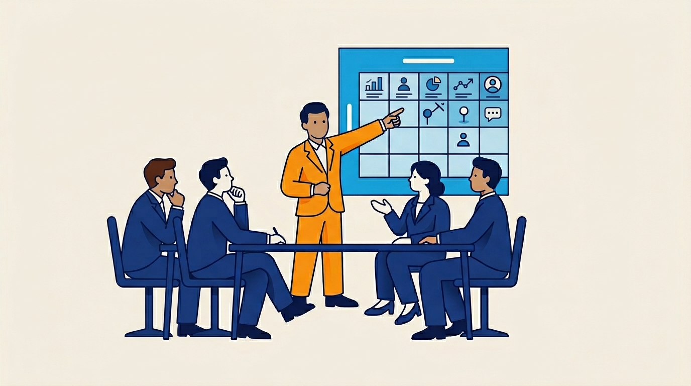 Stylised illustration of a CX consultant facilitating a strategy session — figures around a table reviewing a strategic prioritisation matrix