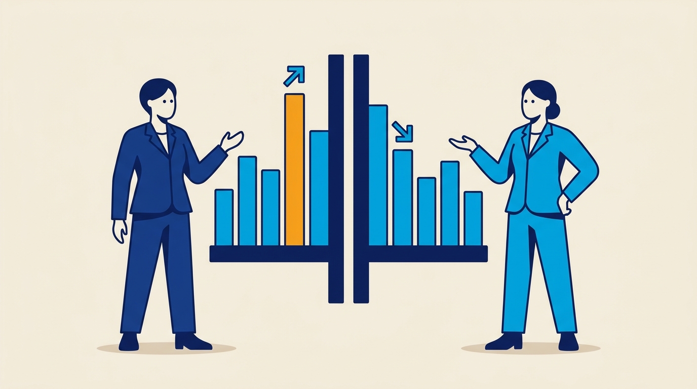 Stylised illustration of two figures comparing NPS bar charts side by side, representing external benchmarking analysis