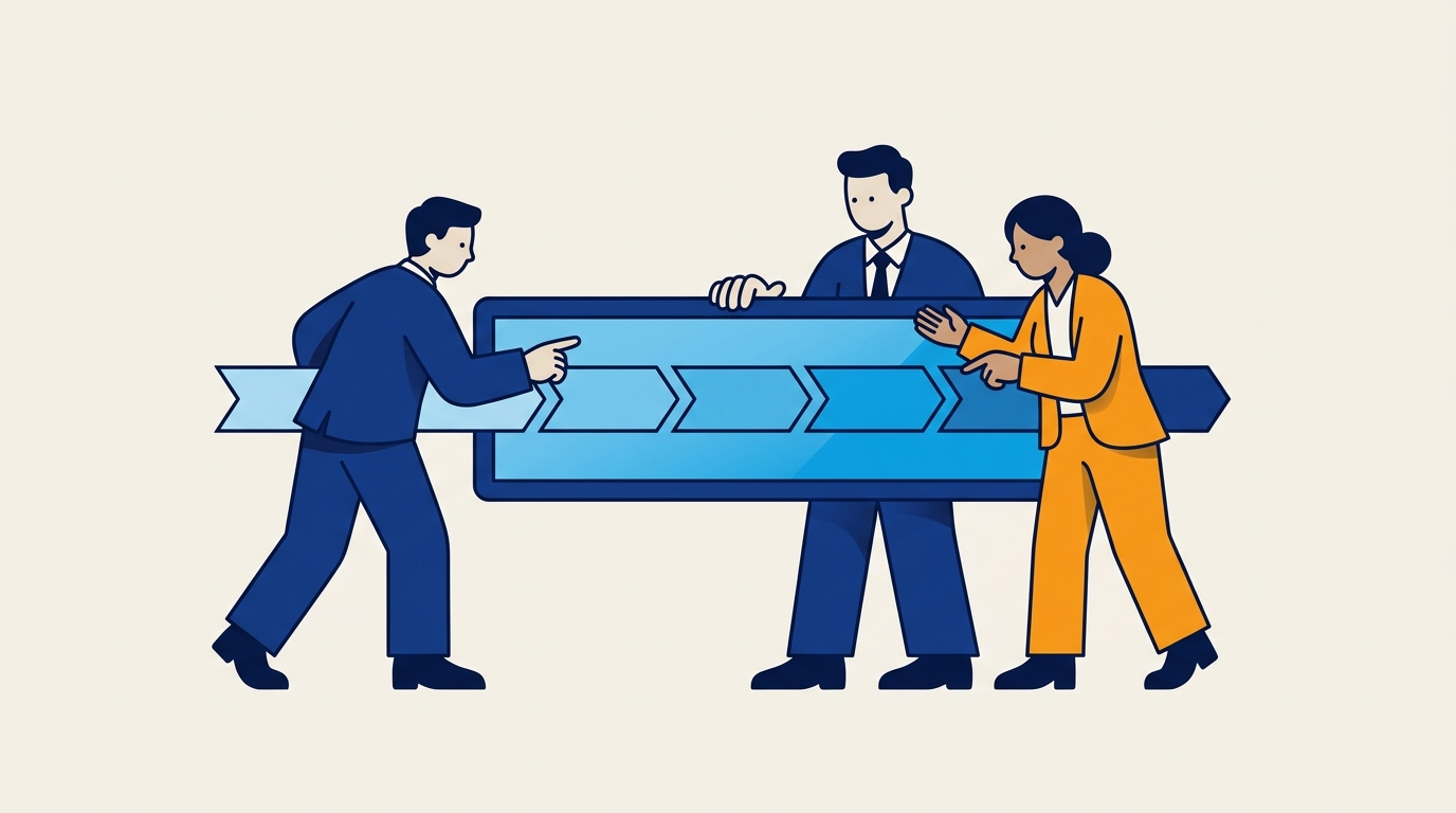 Stylised illustration of a B2B team rolling out an NPS implementation programme along a sequential roadmap