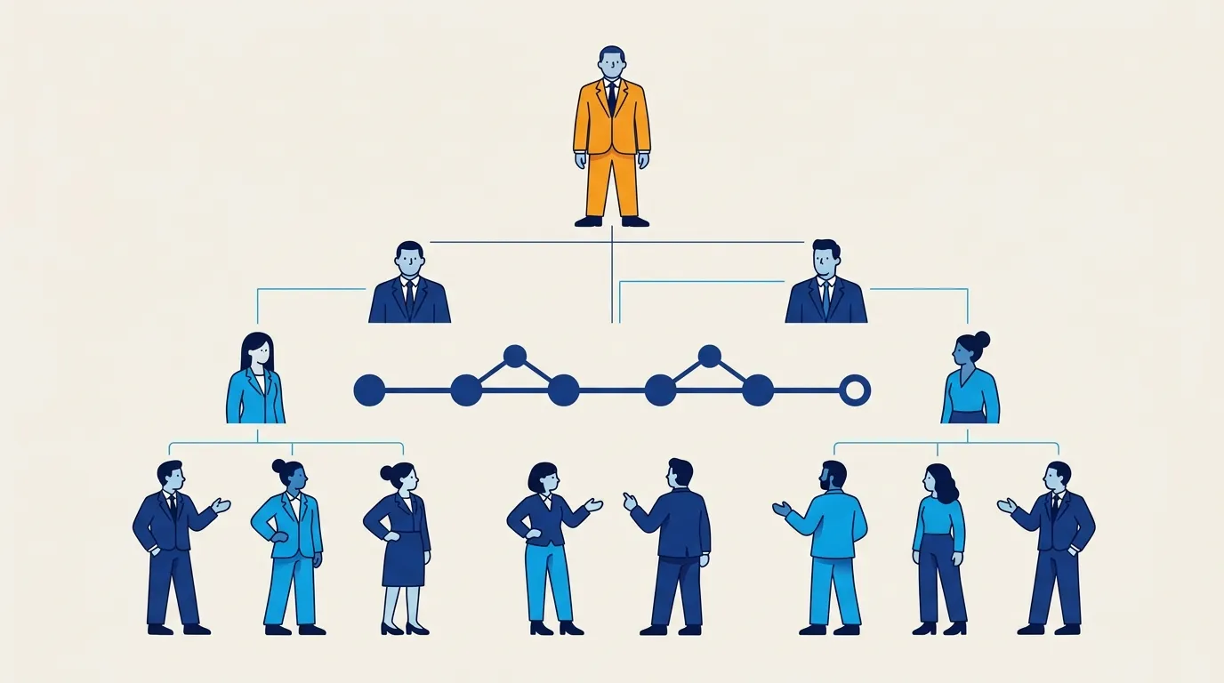Stylised illustration of an organisational structure aligned around the customer experience — orange senior sponsor at the top of the hierarchy, three levels of reporting roles, all oriented around a customer journey visualisation in the centre
