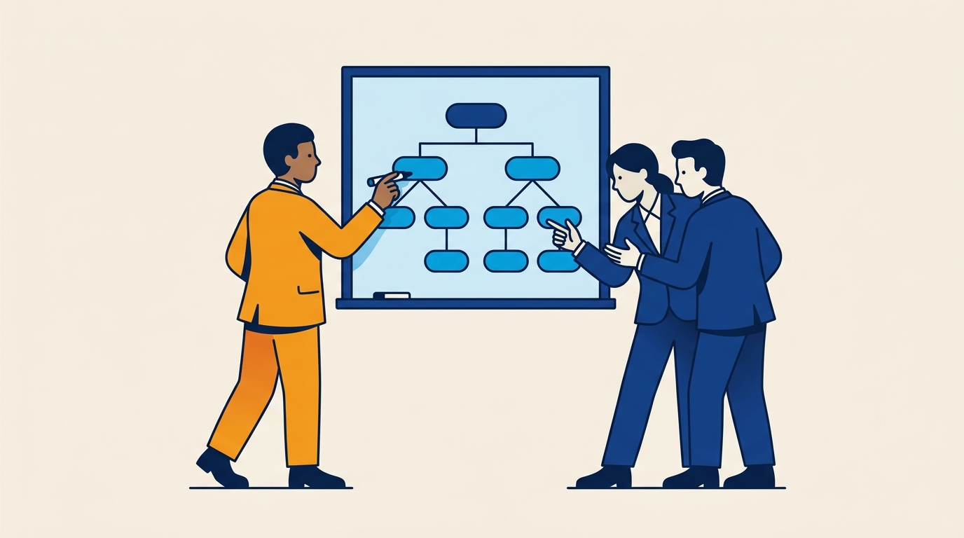 Stylised illustration of a team learning root cause analysis around a problem-tree whiteboard
