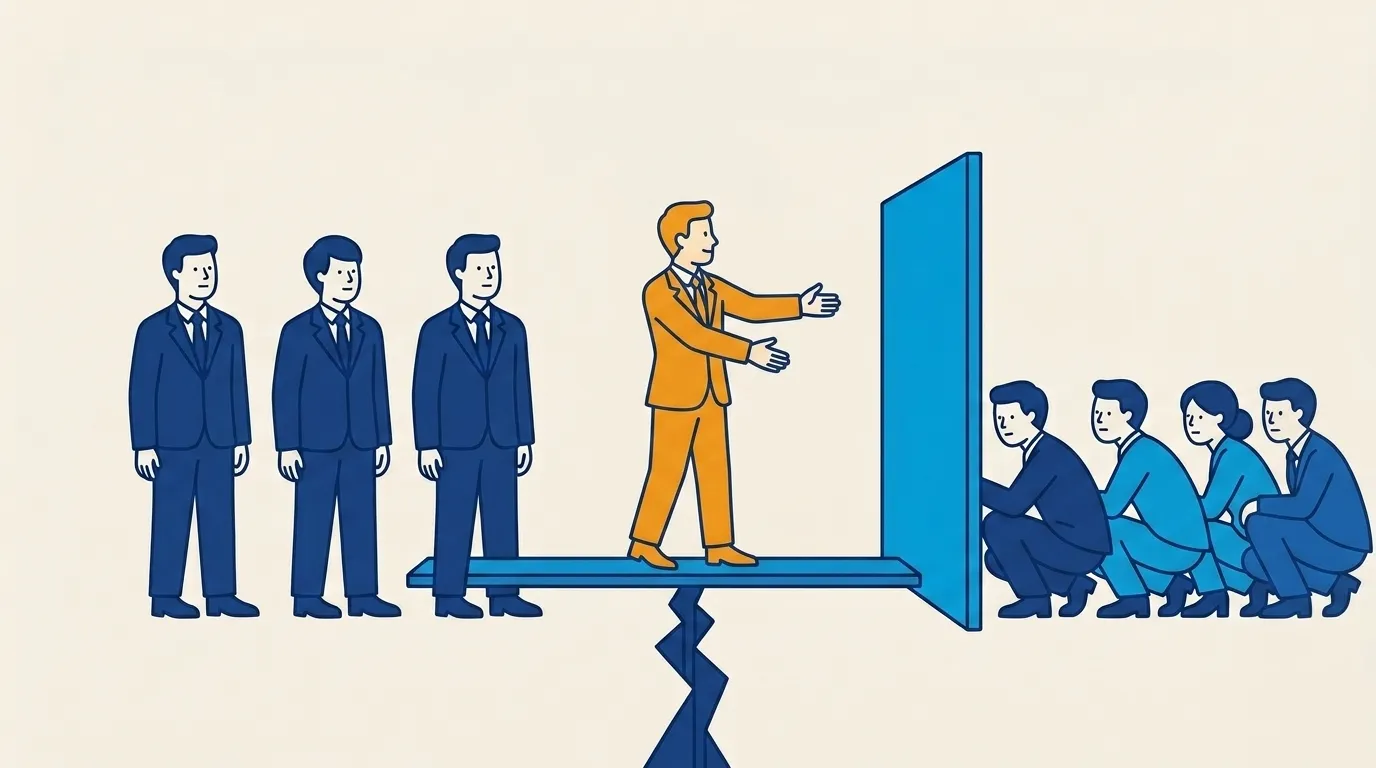 A stylised business figure standing on a plank laid across a crack with arms open, while a second group crouches out of sight behind a wall, a metaphor for two opposite responses to the same service failure